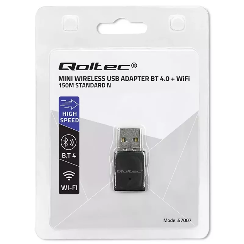 Juhtmevaba mini-USB Wi-Fi-adapter QOLTEC 57007 – üheribaline 2,4 GHz, kuni 150 Mbit/s, sisemine antenn