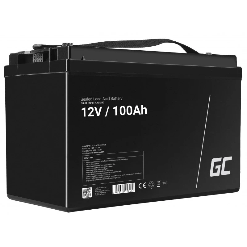 Sõiduki/Mere puhkeaku roheline Cell AGM30 12 V 100 Ah suletud pliiaku (VRLA), hooldusvaba, 171×214×330 mm