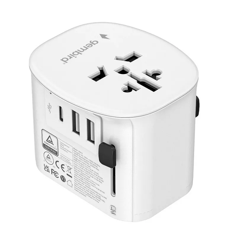 Reisiadapter GEMBIRD TPA-EU2A1C15-01-W — 15W, Type E pistik, 2× USB-A + 1× USB-C, 100–250V