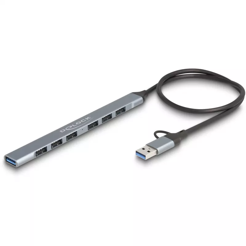 DELOCK 4 pordiga õhuke USB-jaotur — USB 3.2 Gen 1 host USB-C, 3× USB 5 Gbps USB-C + 1× USB 5 Gbps Type-A, hall, metallist