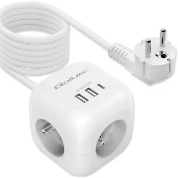 Toitepistik QOLTEC 52547 3× vahelduvvoolupistikupesa, 2× USB-A, 1× USB-C PD 20W