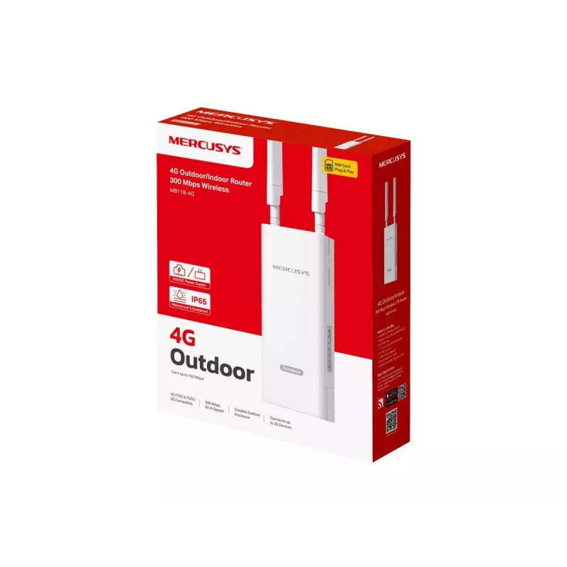 Traadita ruuter TP-LINK MB118-4G — 4G LTE, üheribaline 2,4 GHz, Wi‑Fi 4 (802.11n), 300 Mbit/s, Fast Ethernet, 4 välist antenni, valge