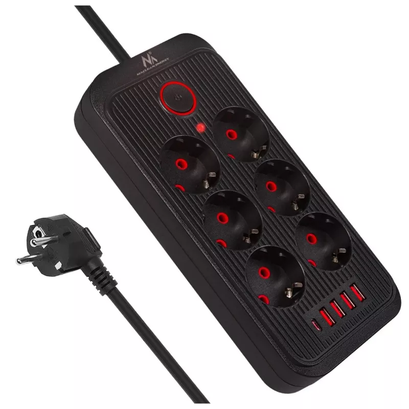 Pikendusjuhe MACLEAN MCE391 B – 6 pistikupesa, 4×USB-A + 1×USB-C, 110–240V, 2500W, 3 m kaabel, must