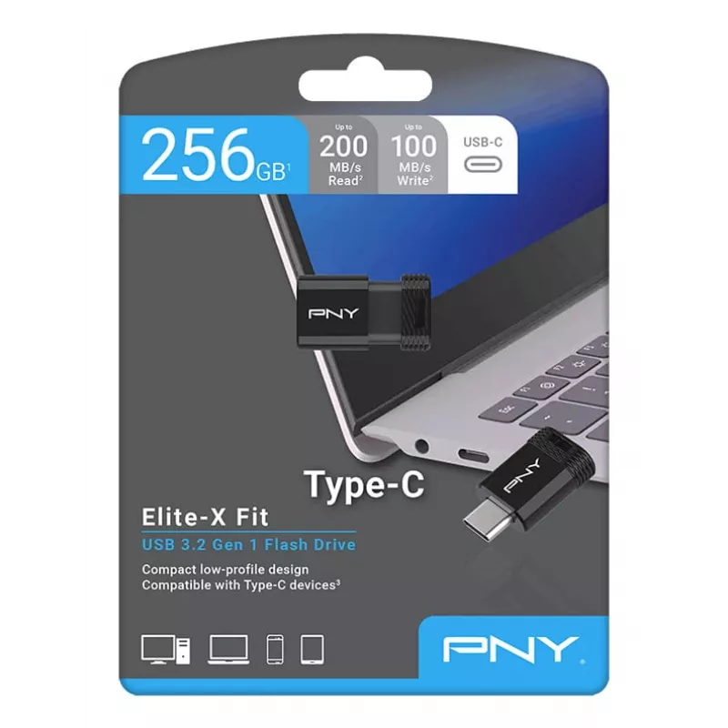 USB-mälupulk PNY Elite-X 256 GB USB USB-C 3.2 Gen 1 (lugemine 200 MB/s, kirjutamine 100 MB/s) must