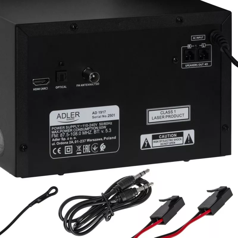Mini Hi‑Fi stereosüsteem Adler AD 1917 — Bluetooth V5.3, CD/USB/MP3, 2×25W RMS, FM-tuuner, 4‑ribaline ekvalaiser, AUX, must