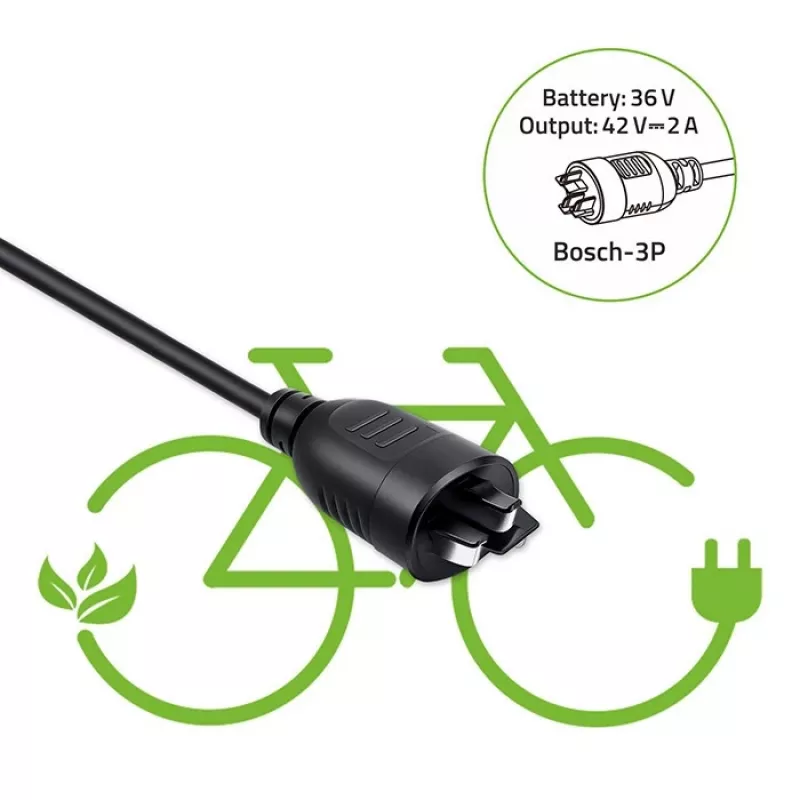 Laadija e-jalgrattale 36V/42V 2A Bosch 3-kontaktilise pistikuga QOLTEC