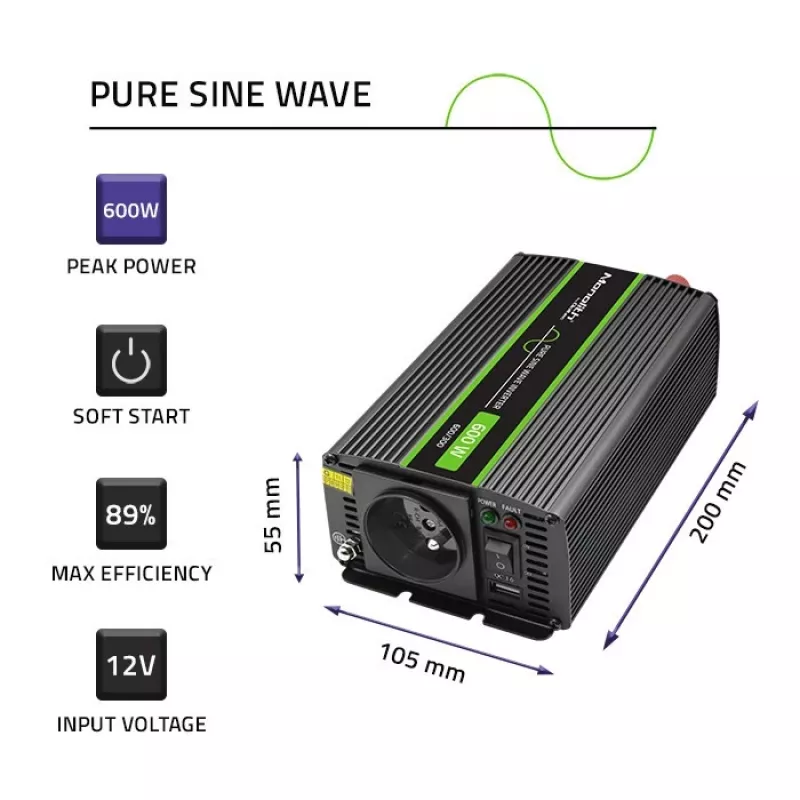 Qoltec Monolith toiteadapter inverter Auto 600 W 12 V