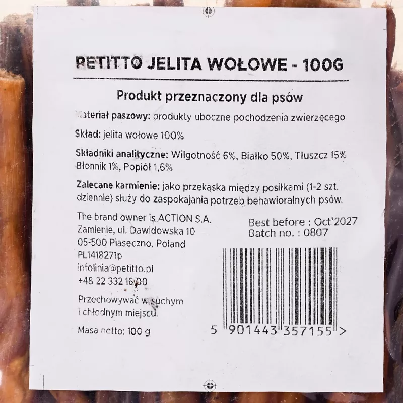 Närimiskont PETITTO veisesoolest 100 g — ühe koostisosaga naturnärimiskont koertele