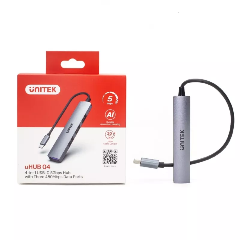 USB-C jaotur Unitek H1208B — 1x USB-A 5 Gbps, 3x USB-A 2.0, USB-C host, alumiiniumkorpus, 0,20 m kaabel