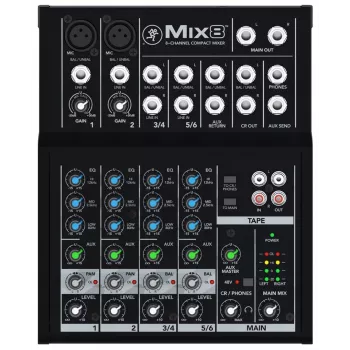 Mixer Mackie Mix8 — 8-kanaliga kompaktne analoogmikser, 20–30000 Hz, 3800 Ω mikrofoni sisend, 198×244×53 mm