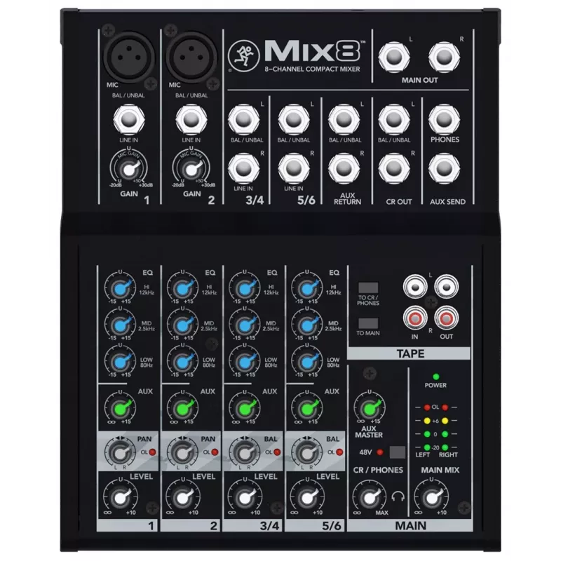 Mixer Mackie Mix8 — 8-kanaliga kompaktne analoogmikser, 20–30000 Hz, 3800 Ω mikrofoni sisend, 198×244×53 mm