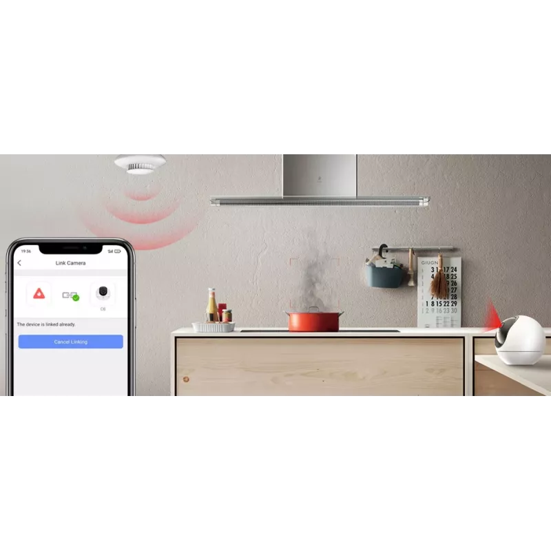 Suitsuandur EZVIZ CS-T4C — juhtmevaba ZigBee, 3V liitiumaku, 87×35×87 mm, 85 dB, pinnale paigaldatav, valge