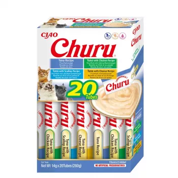 Niisutavad kassimaiused INABA Churu Variety Box — tuunikala, 20 × 14 g kotikest, pasta, niiskus 88%, valk 8,5%