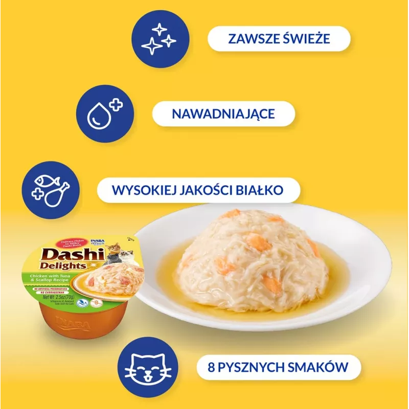 Kassimaius INABA Dashi Delights kana-, tuunikala- ja kammkarbipuljongiga 70 g — märg kassimaius, 88% niiskust, 11% valku
