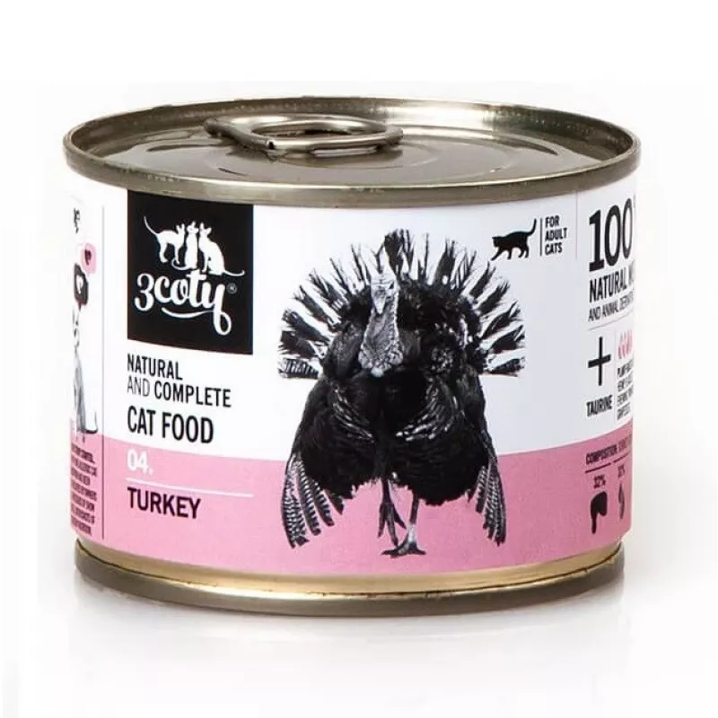 Märg kassitoit 3coty 04 Türgi 180 g — patee täiskasvanud kassidele, ühe valguallikaga, täisväärtsööt
