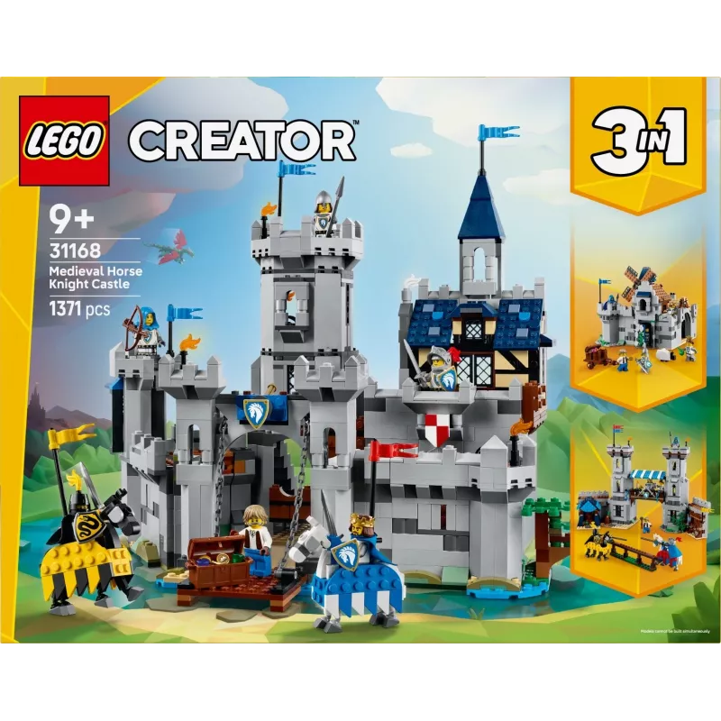 Ehitusmänguasi LEGO Creator 3-in-1 keskaegse rüütli lossi komplekt 31168 — 1371 tükki, 6 minifiguuri, vanusele 9+