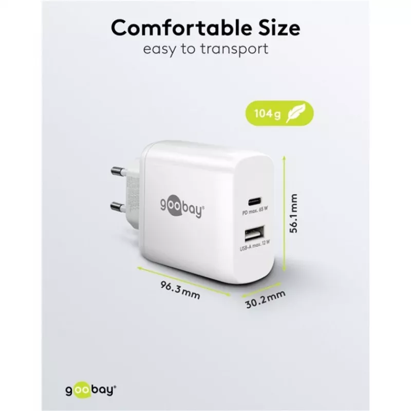 USB-C Dual-Fast Charger, PD, GaN, 65 W (valge, 1x USB-C, 1x USB-A, Power Delivery)