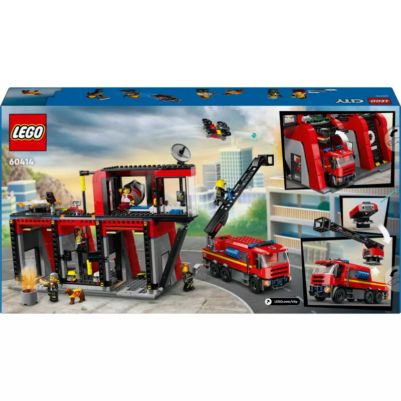 Konstruktsioonimänguasi LEGO City tuletõrjedepoo pöördredeliga sõidukiga 60414 — 843 detaili, 5 minifiguuri, 220×320×140 mm
