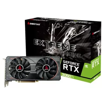 Graafikakaart BIOSTAR GeForce RTX 3060 Ti — 8 GB GDDR6, 256-bitine, PCIe 4.0, 1665 MHz boost, 3×DP/1×HDMI, 2 ventilaatorit