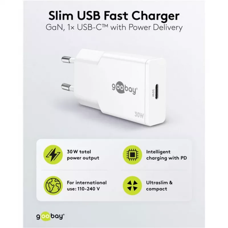 USB-C PD GaN kiirlaadija õhuke (30 W) (valge)