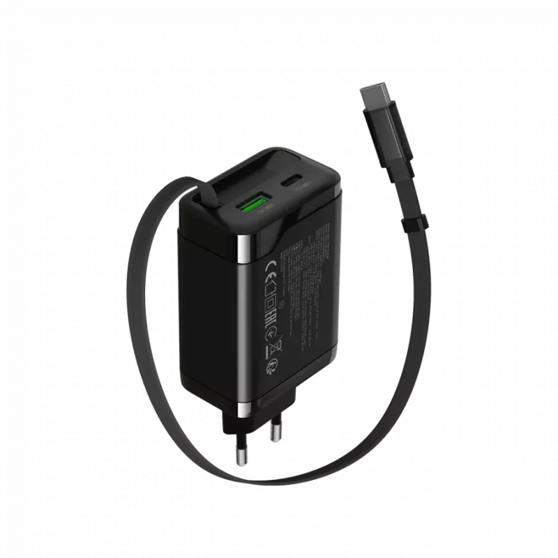 Laadija CANYON OnCharge 65RC sisseehitatud USB-C kaabliga, 65 W, 1x PD, 1x QC, EL-pistik, must