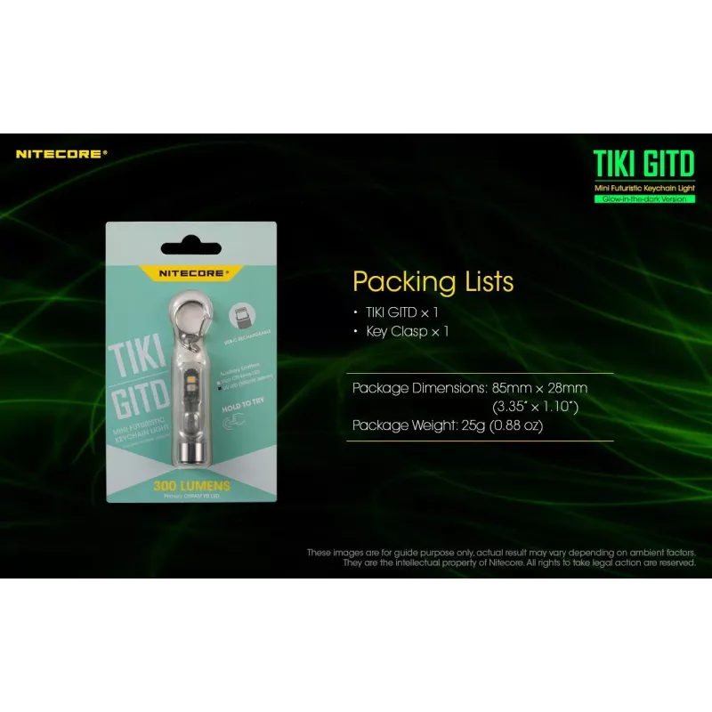 Võtmehoidja taskulamp Nitecore TIKI GITD Hall — USB laetav, 1 lm, 55 mm, 12 g, IP66