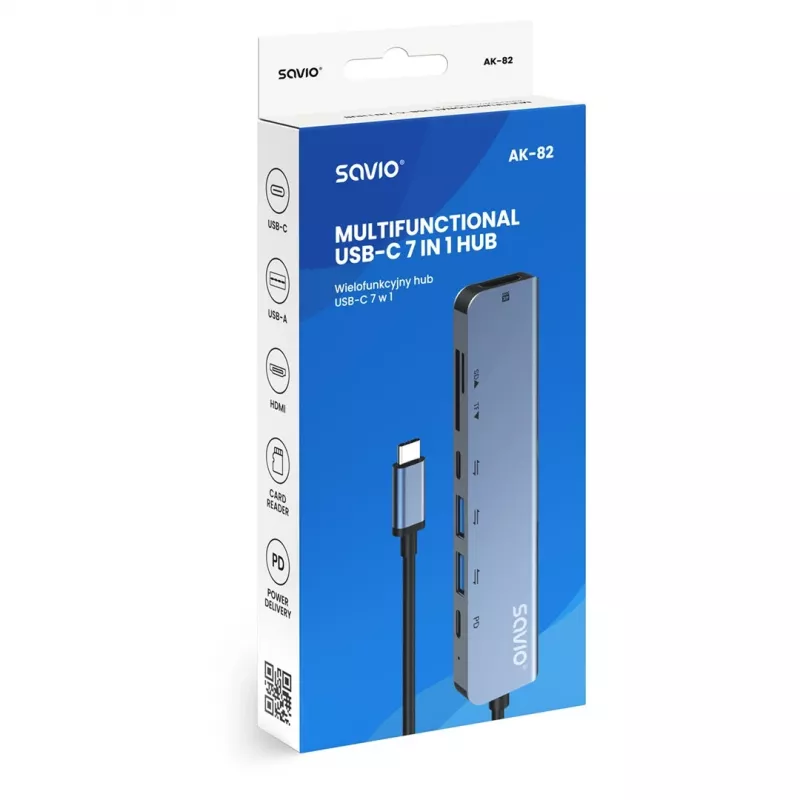 USB USB-C jaotur SAVIO AK-82 HDMI, MicroSD, USB 3.2 Gen1, PD läbipääsuga, 4K@30Hz, 5000 Mbit/s, must