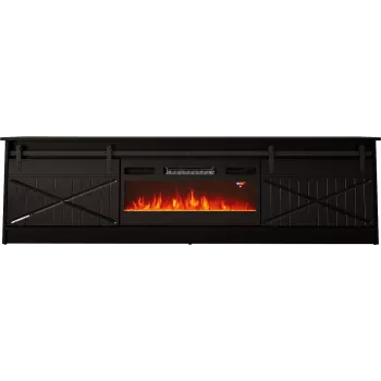 TV-kapp kaminaga Cama Meble GRANERO mudel — 200 x 56,7 x 35 cm, must/must läige, 2 ust, 2 riiulit, lükanduksed, MDF/puitlaastplaat