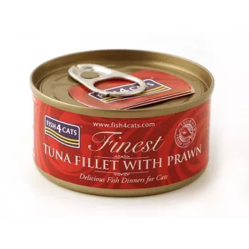 Märg kassitoit FISH4DOGS Tuunikala filee krevettidega 70 g — konserveeritud märgtoit, 83% niiskust, 14% valku, gluteeni- ja sojavaba