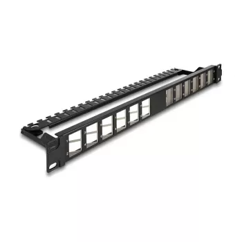 DELOCK 19-tolline 24-pordiline viltune Keystone-paneel tõmbekoormuse leevendusega, 1U, must, 482,6×125,5×44,2 mm