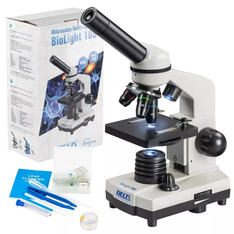 Deltaoptical DO-3210 liitoptiline mikroskoop — monokulaarne, 3 akromaatilist objektiivi, LED-valgustus, 40–400×, 45° kaldega pööratav pea
