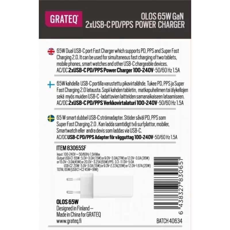 Laadija GRATEQ OLOS PD/PPS 2xUSB-C 65W kiirlaadija 35W