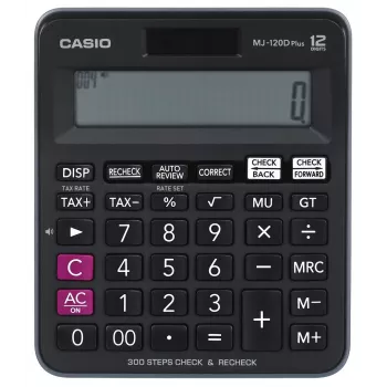 Lauakalkulaator CASIO MJ-120D PLUS — lihtne 12-kohaline, aku/päikesepatarei, 35 klahvi, maksu- ja ruutjuurefunktsioon, must