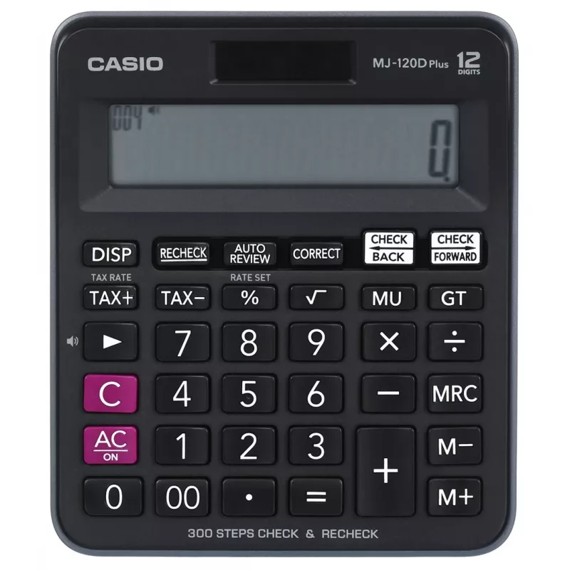 Lauakalkulaator CASIO MJ-120D PLUS — lihtne 12-kohaline, aku/päikesepatarei, 35 klahvi, maksu- ja ruutjuurefunktsioon, must