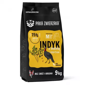 Kuiv koeratoit PAKA ZWIERZAKA Turkey with Raspberry M — 9 kg, suurtele täiskasvanud tõugudele, 28% valku, 15% rasva
