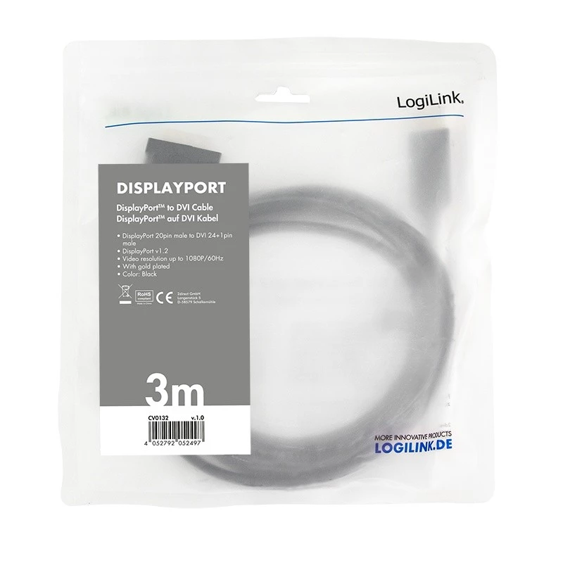 Video kaabliadapter LogiLink CV0132 DisplayPort to DVI 3m Must