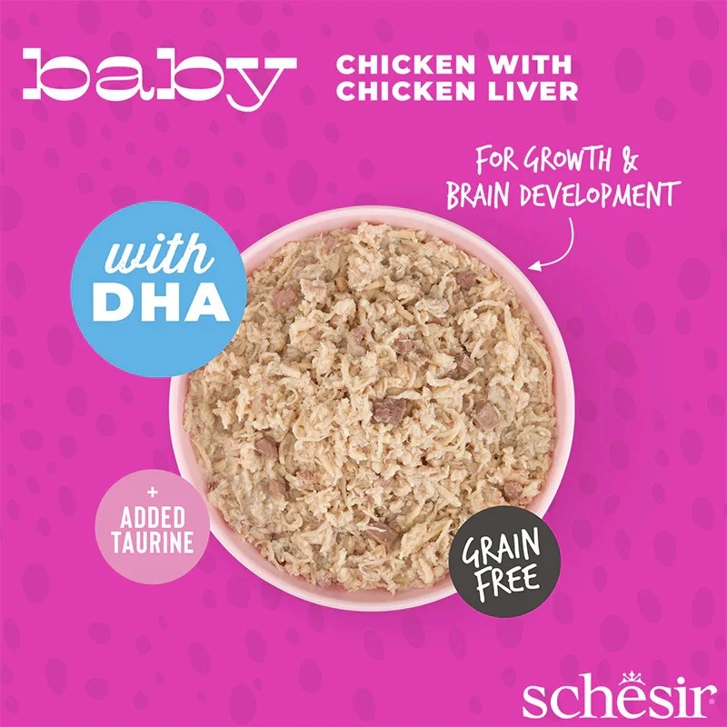 Märg kassitoit Agras Pet Foods Schesir Baby in Brühe 70 g — kana, teravaba, noortele kassidele