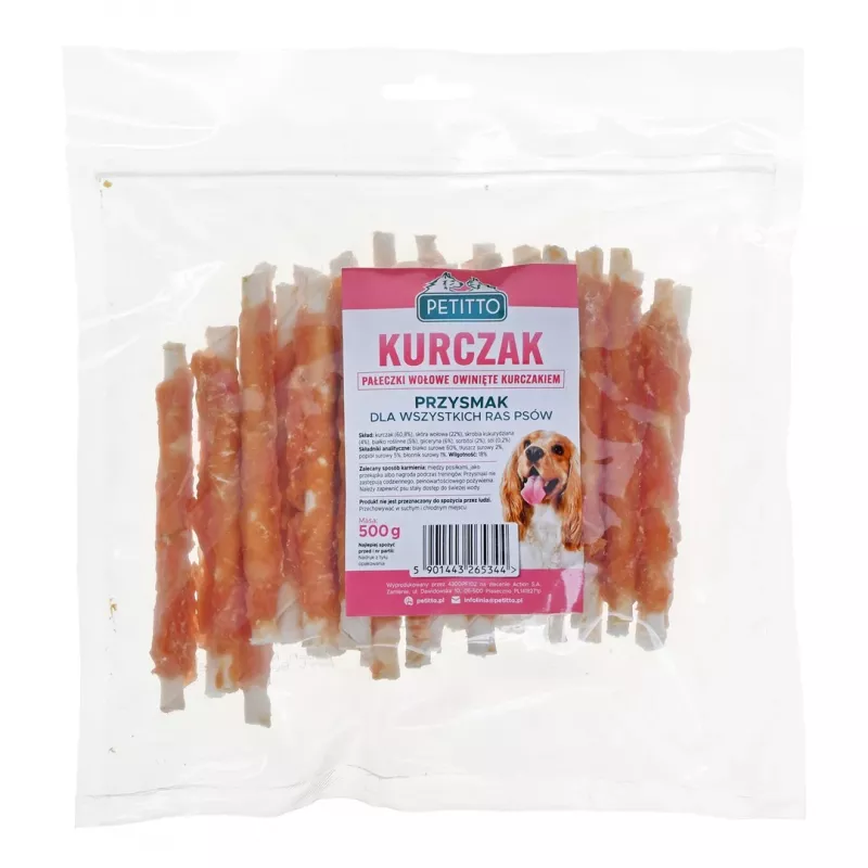 Koeramaiused PETITTO Chicken wrapped chopsticks 500 g — kanamaitselised närimispulgad, 60% valku, 18% niiskust