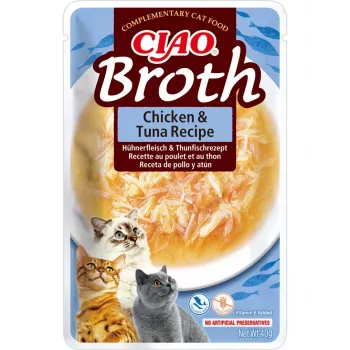 Märg kassimaius INABA Ciao Broth Chicken & Tuna 40 g — lihane vedel suupiste kotikeses, valk 9,4%, niiskus 88%