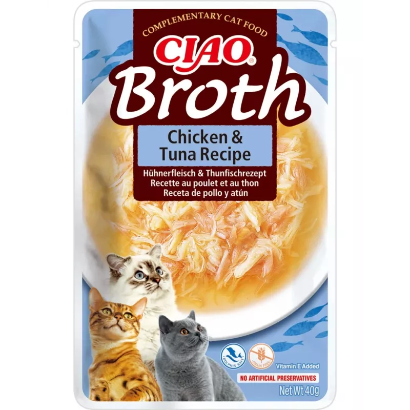 Märg kassimaius INABA Ciao Broth Chicken & Tuna 40 g — lihane vedel suupiste kotikeses, valk 9,4%, niiskus 88%