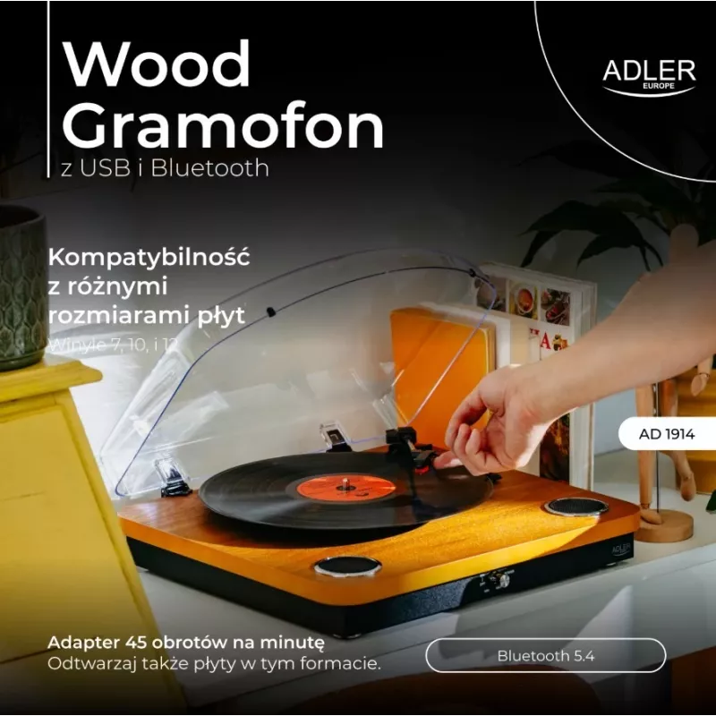 Analoog-vööajamiga plaadimängija Adler AD 1914, USB-pesa, keraamiline alustaldrik, DC-mootor, 33 1/3 p/min, Bluetooth 5.4, RCA-väljundid, sisseehitatud kõlarid