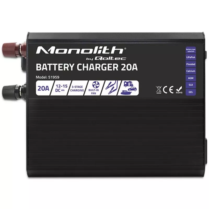 Laadija QOLTEC Monolith 20A 12V LiFePO4, AGM, GEL, SLA akudele