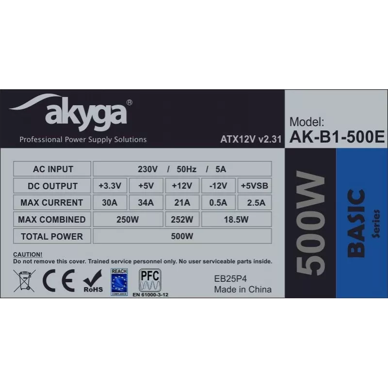 ATX toiteplokk Akyga AK-B1-500E 500 W, 120 mm ventilaator, 20+4 pin ATX, 3× SATA, passiivne PFC