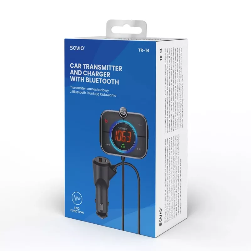 FM-saatja SAVIO TR-14 Bluetooth USB, FM 87,6–107,9 MHz, MicroSD, USB-C, 12 V autotoide
