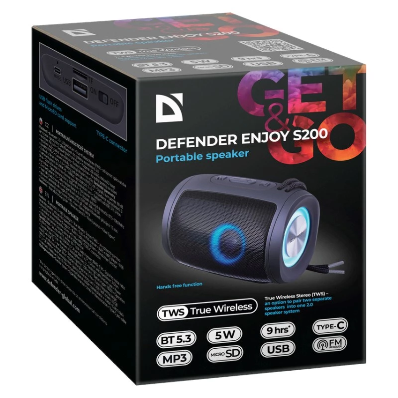 Kaasaskantav Bluetooth-kõlar DEFENDER Ejoy S200 TWS 2.0, 5W, Bluetooth 5.3, LED, 10 h aku, sisseehitatud mikrofon
