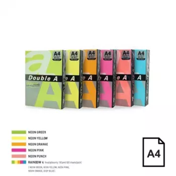 Värviline neoonpaber Double A, 75g, A4, 500 lehte, Rainbow 4, 5 neoonvärvi
