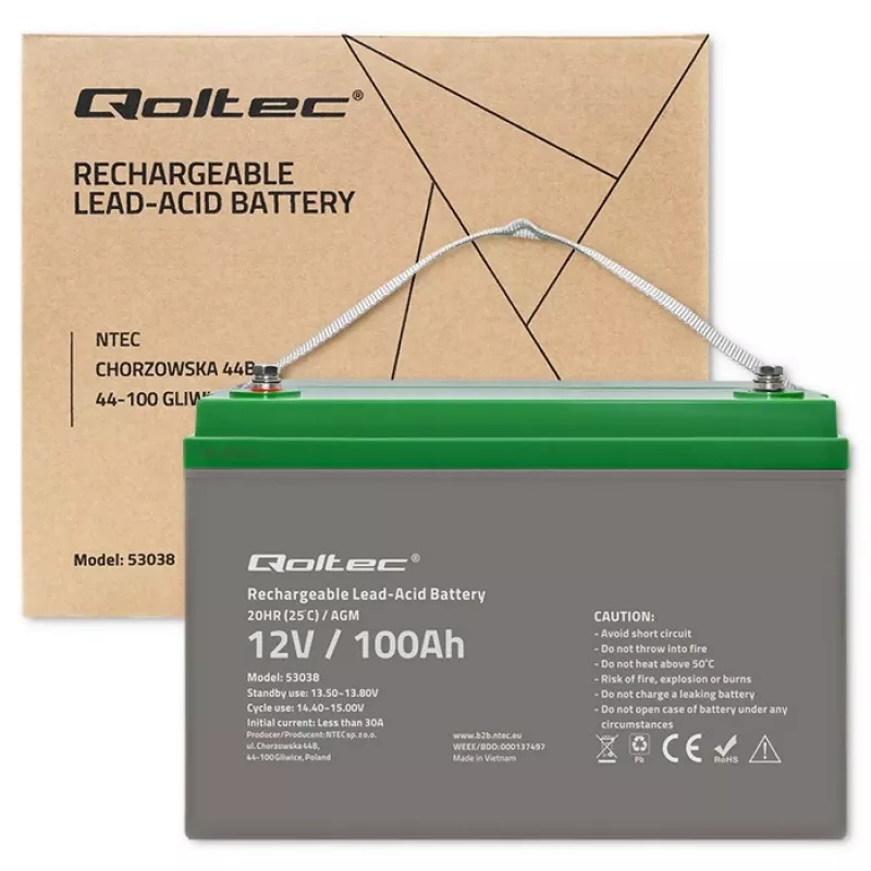 Qoltec 53038 AGM aku | 12V | 100Ah | max 1200A