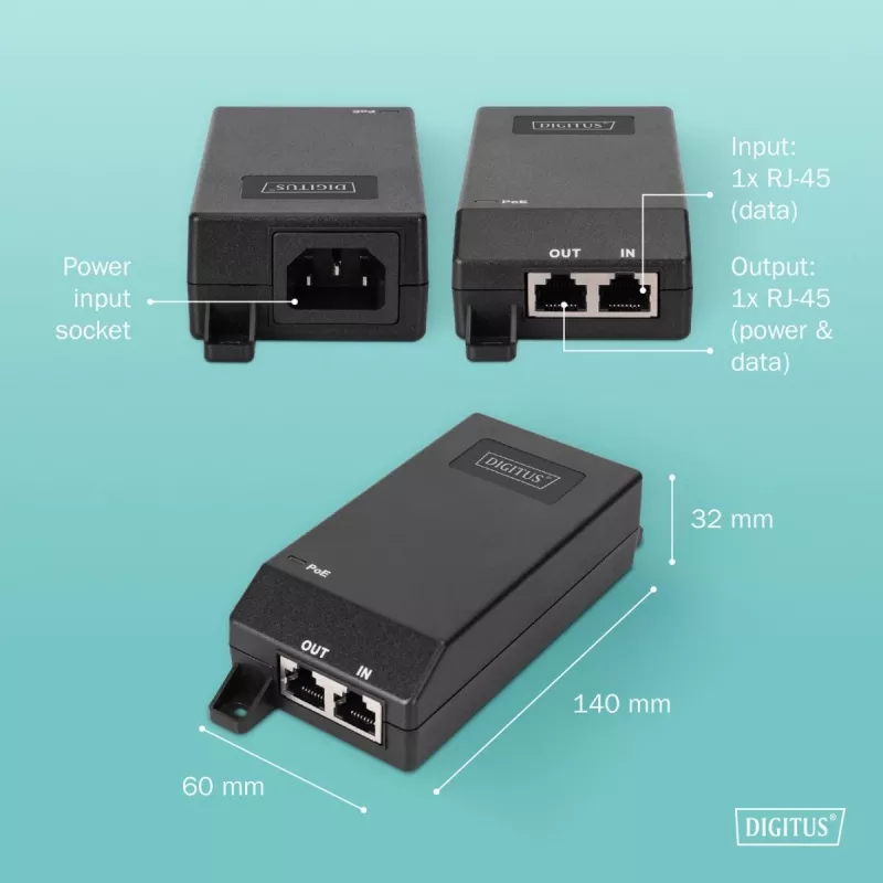 Digitus Gigabit Ethernet PoE+ süstija 802.3at 30 W must