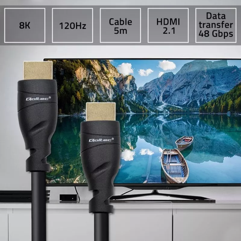 HDMI 2.1 kaabel QOLTEC 5 m — 48 Gbit/s, 8K@60Hz, 26AWG, kullatud pistikutega