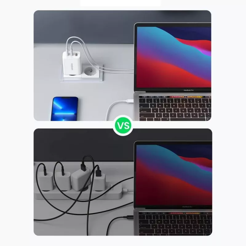 Seinalaadija UGREEN CD275 2× USB USB-C 65W valge — kahe USB-C 65W kiirlaadimine, 100–240 V sisend